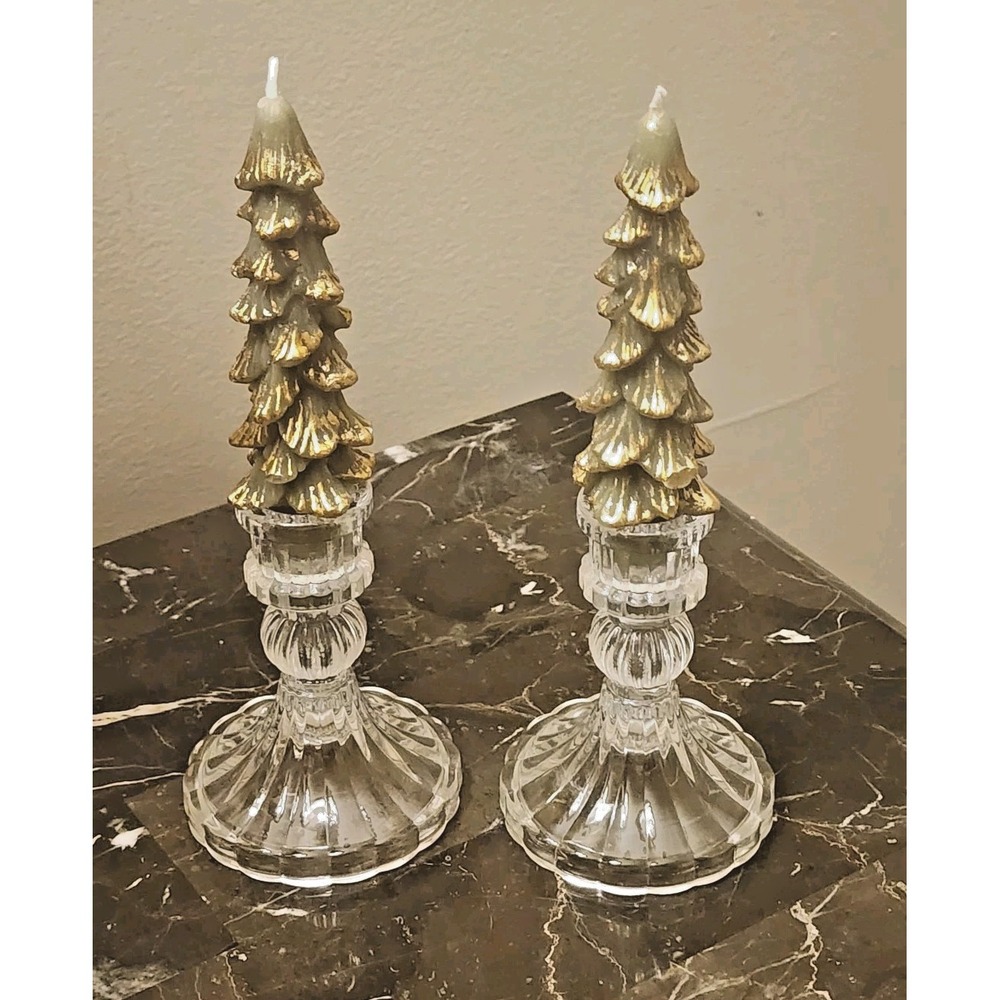 Christmas Tree Candles with Glass Candle Holders Set